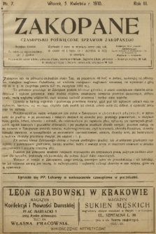 Zakopane : czasopismo poświęcone sprawom Zakopanego. R. 3, 1910, nr 7
