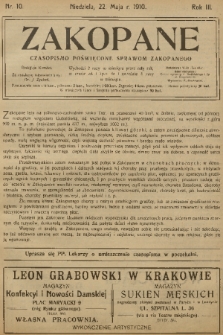 Zakopane : czasopismo poświęcone sprawom Zakopanego. R. 3, 1910, nr 10
