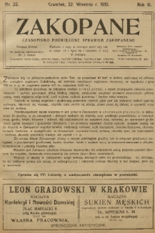 Zakopane : czasopismo poświęcone sprawom Zakopanego. R. 3, 1910, nr 22