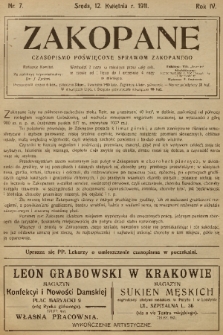 Zakopane : czasopismo poświęcone sprawom Zakopanego. R. 4, 1911, nr 7