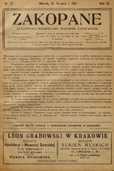 Zakopane : czasopismo poświęcone sprawom Zakopanego. R. 4, 1911, nr 27