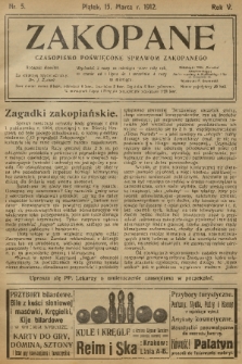 Zakopane : czasopismo poświęcone sprawom Zakopanego. R. 5, 1912, nr 5