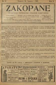 Zakopane : czasopismo poświęcone sprawom Zakopanego. R. 5, 1912, nr 12