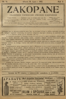 Zakopane : czasopismo poświęcone sprawom Zakopanego. R. 5, 1912, nr 14
