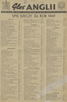 Głos Anglii : tygodniowy przegląd spraw brytyjskich. R. 2, 1947, Spis rzeczy za rok 1947