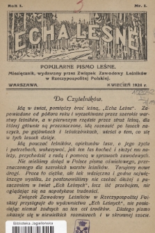 Echa Leśne : popularne pismo leśne : miesięcznik, wydawany przez Związek Zawodowy Leśników w Rzeczypospolitej Polskiej. 1924, nr 1