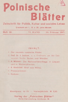 Polnische Blätter : Zeitschrift für Politik, Kultur und soziales Leben. Bd.6, 1917, Heft 50