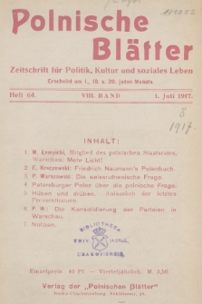 Polnische Blätter : Zeitschrift für Politik, Kultur und soziales Leben. Bd.8, 1917, Heft 64