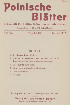 Polnische Blätter : Zeitschrift für Politik, Kultur und soziales Leben. Bd.8, 1917, Heft 65