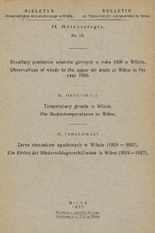 Bulletin de l'Observatoire Astronomique de Vilno = Biuletyn Obserwatorjum Astronomicznego w Wilnie. 2 Météorologie. 1937, No 13