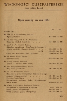 Wiadomości Duszpasterskie oraz Szkice Kazań. R.7, 1951, Spis rzeczy za rok 1951