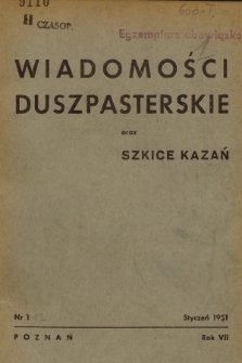 Wiadomości Duszpasterskie oraz Szkice Kazań. R.7, 1951, nr 1