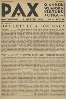 Pax : o chrześcijańska kulturę jutra. R. 4, 1936, nr 4