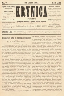 Krynica : pismo poświęcone sprawom polskich zdrojowisk. 1892, nr 7